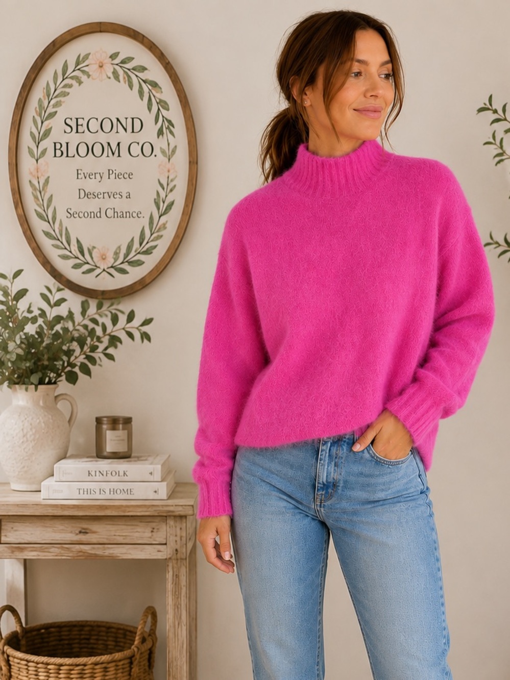 For The Republic Hot Pink Fuzzy Mock Neck Sweater Size Medium